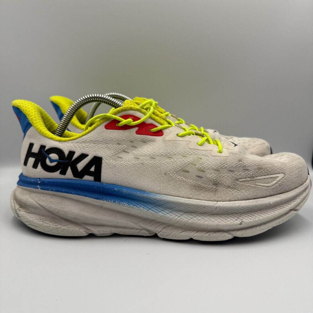 Hoka One One Clifton 9 Mens Size 11.5 D White Yellow Blue Running Shoes Sneakers
